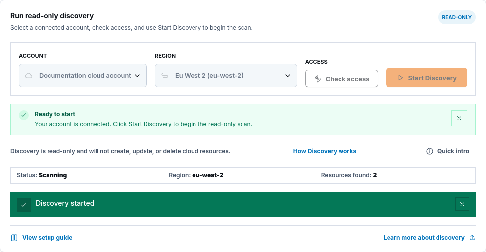 Cloud Discovery controls confirming that a read-only scan has started.