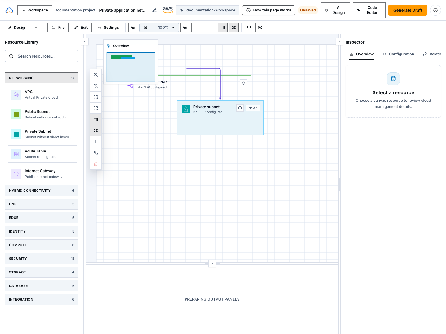 Architecture Studio canvas with resource library, empty canvas, inspector, and toolbar