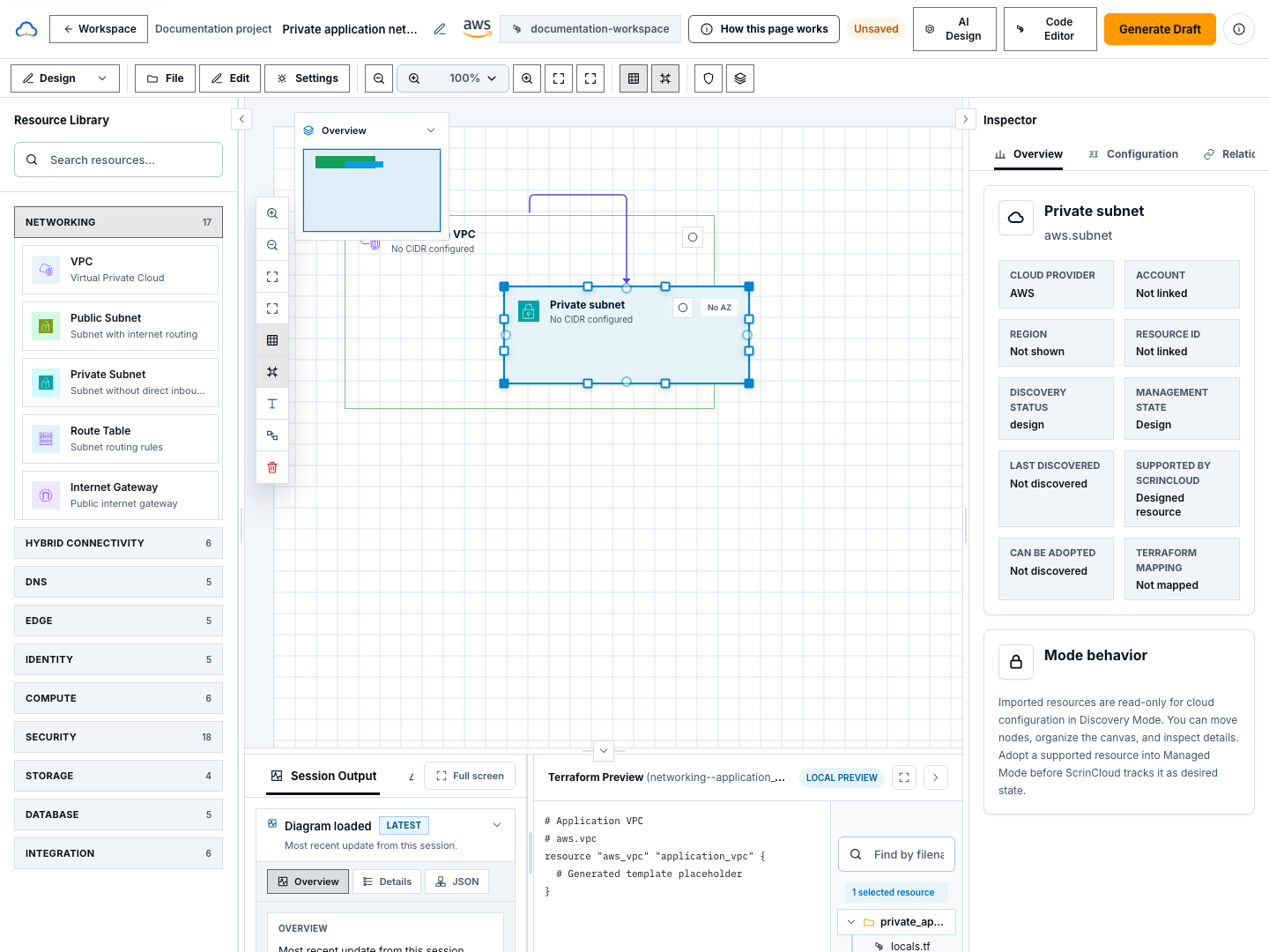 Architecture Studio resource inspector with synthetic subnet properties