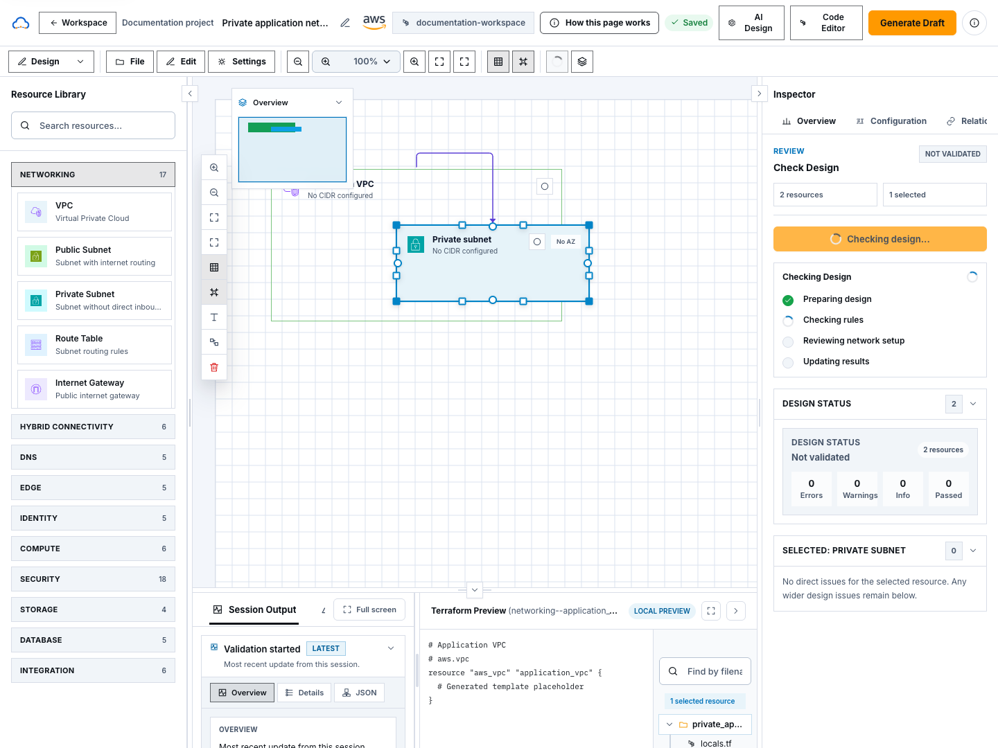 Saved Architecture Studio revision with Check Design validation showing a safe example finding