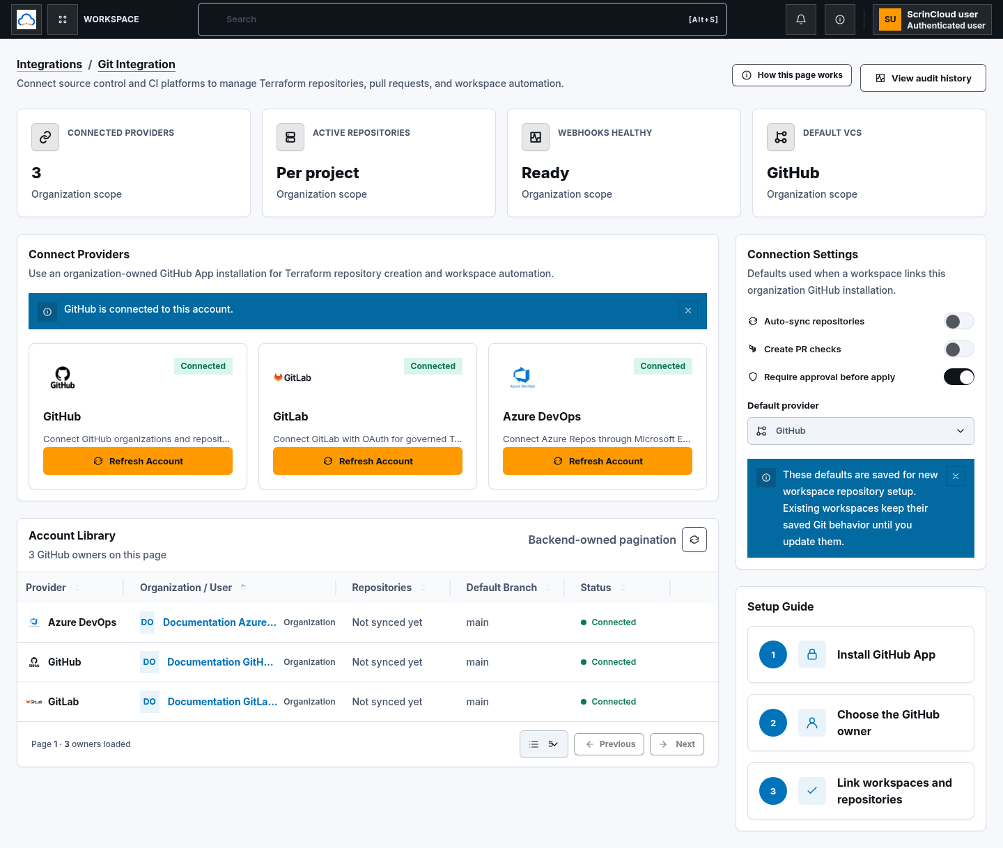 Synthetic Git account library showing connected documentation-only provider owners