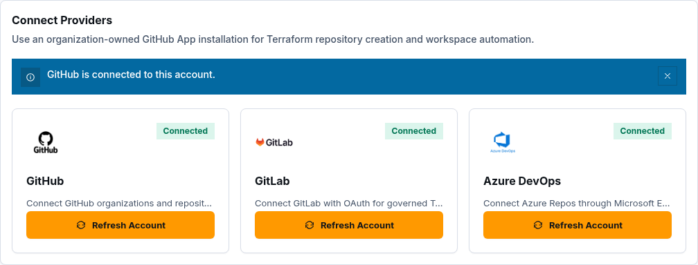 ScrinCloud provider connection area before external GitHub App authorization