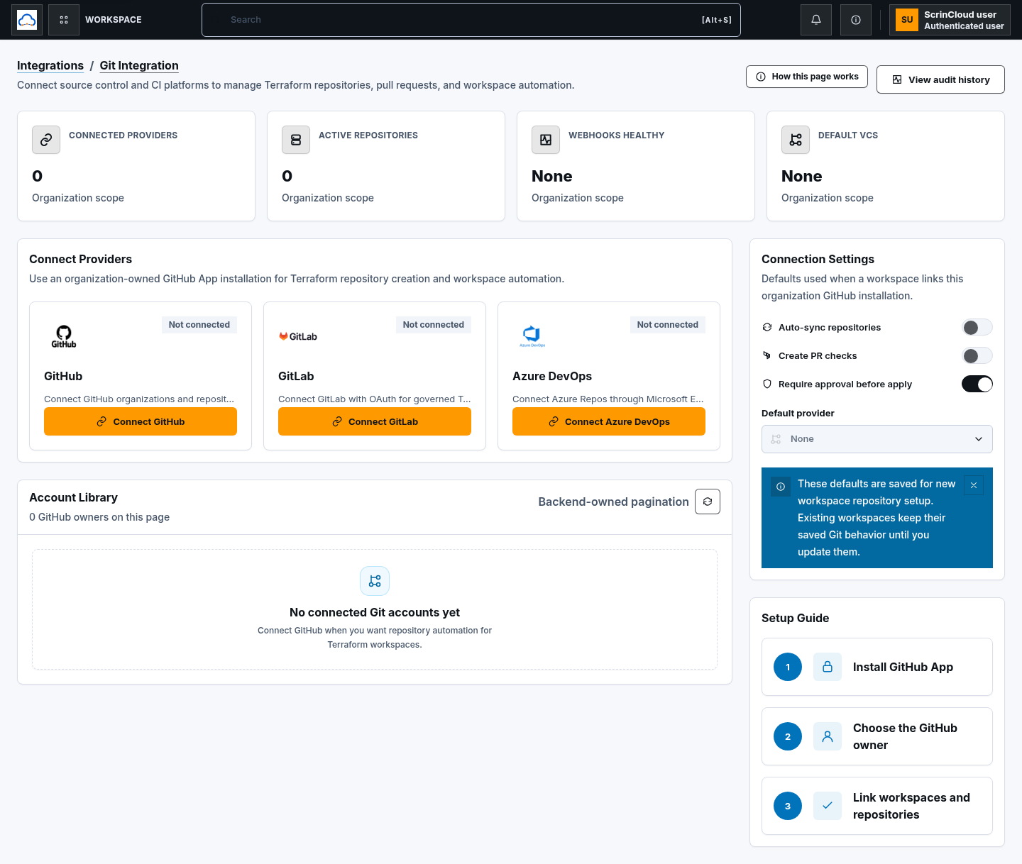 Git Integration workspace with the GitHub, GitLab, and Azure DevOps connection actions