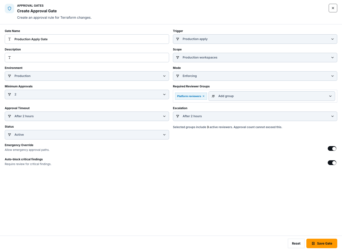 Create Approval Gate form showing minimum approvals, required reviewer group, timeout, escalation, and safety switches