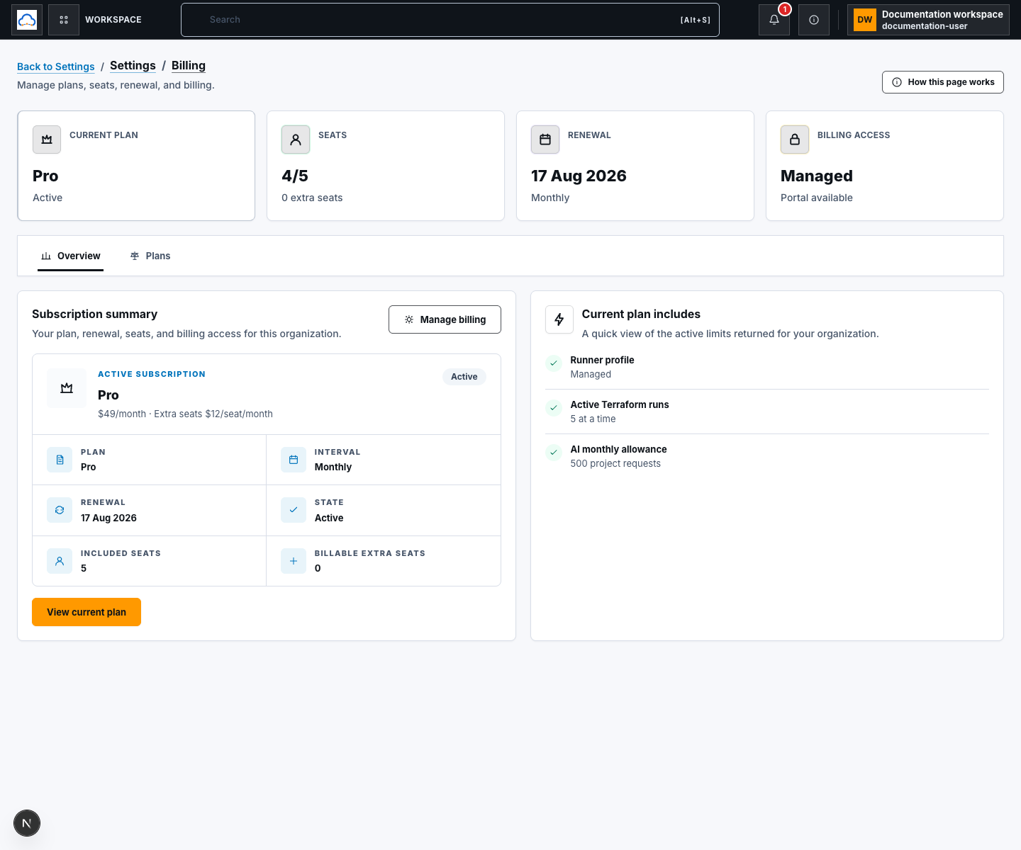 Billing Settings overview with an available Manage billing control and no external portal content