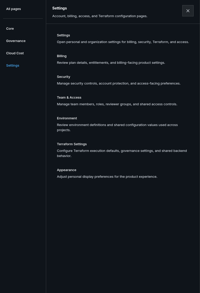 Public Settings navigation list showing General, Billing, Security, Team and Access, Environment, Terraform Settings, and Appearance