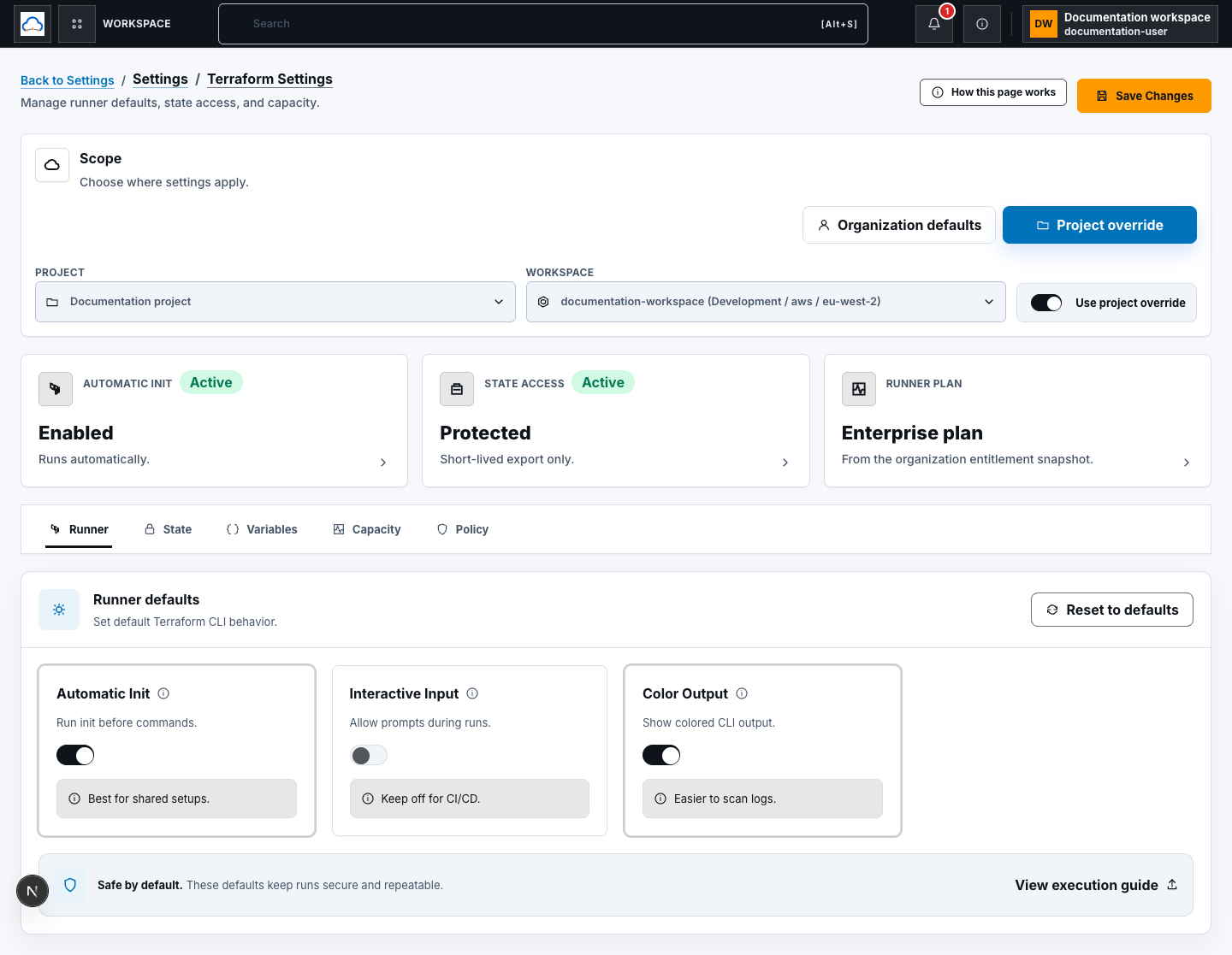 Terraform Settings Runner tab showing Automatic Init, Interactive Input, Color Output, Reset to defaults, and the Save Changes control