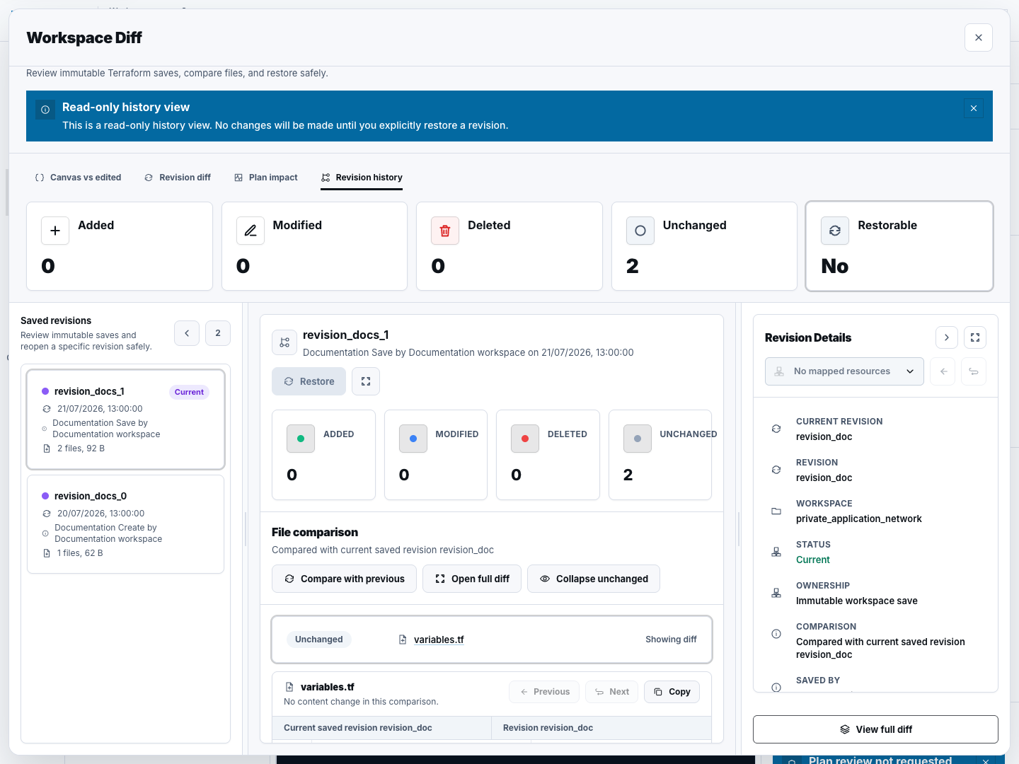 Read-only Terraform revision history with a synthetic saved revision and safe restore controls.