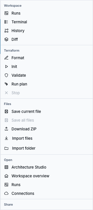 Terraform editor menu showing safe Import files and Import folder options with other workspace actions.