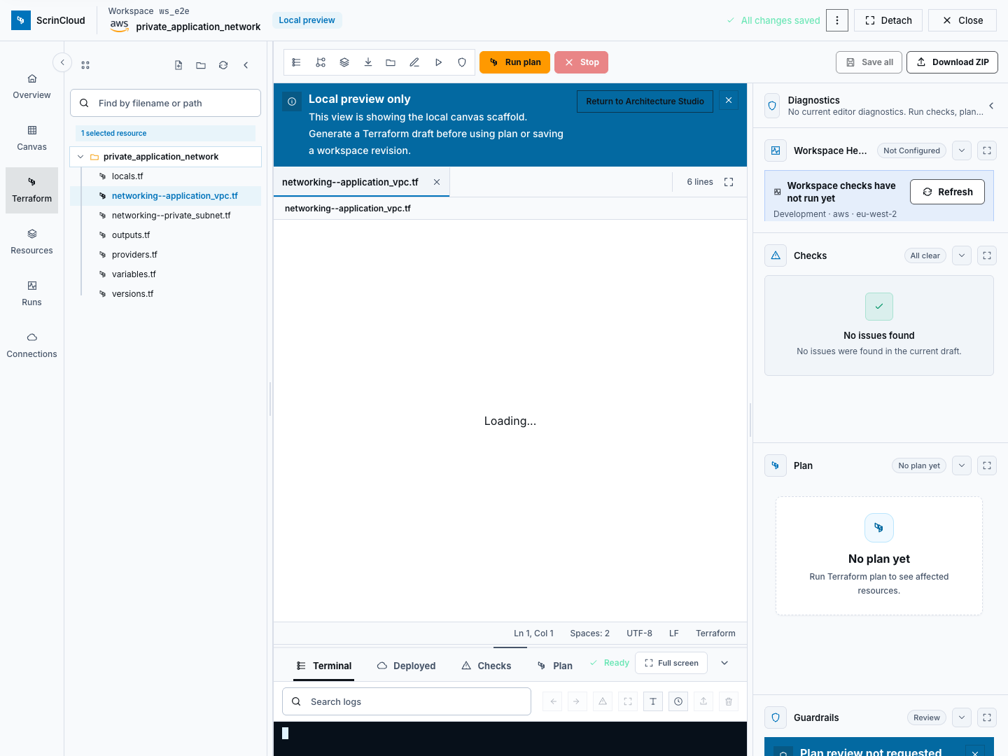 Terraform editor action bar with bounded preparation controls and a disabled Stop button.